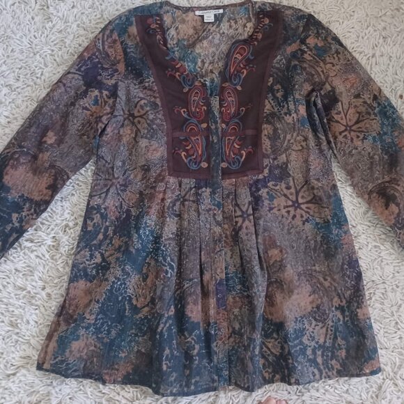 Coldwater Creek Women’s PM Petite Medium Embroidered Paisley Boho Top Sheer - Picture 1 of 10